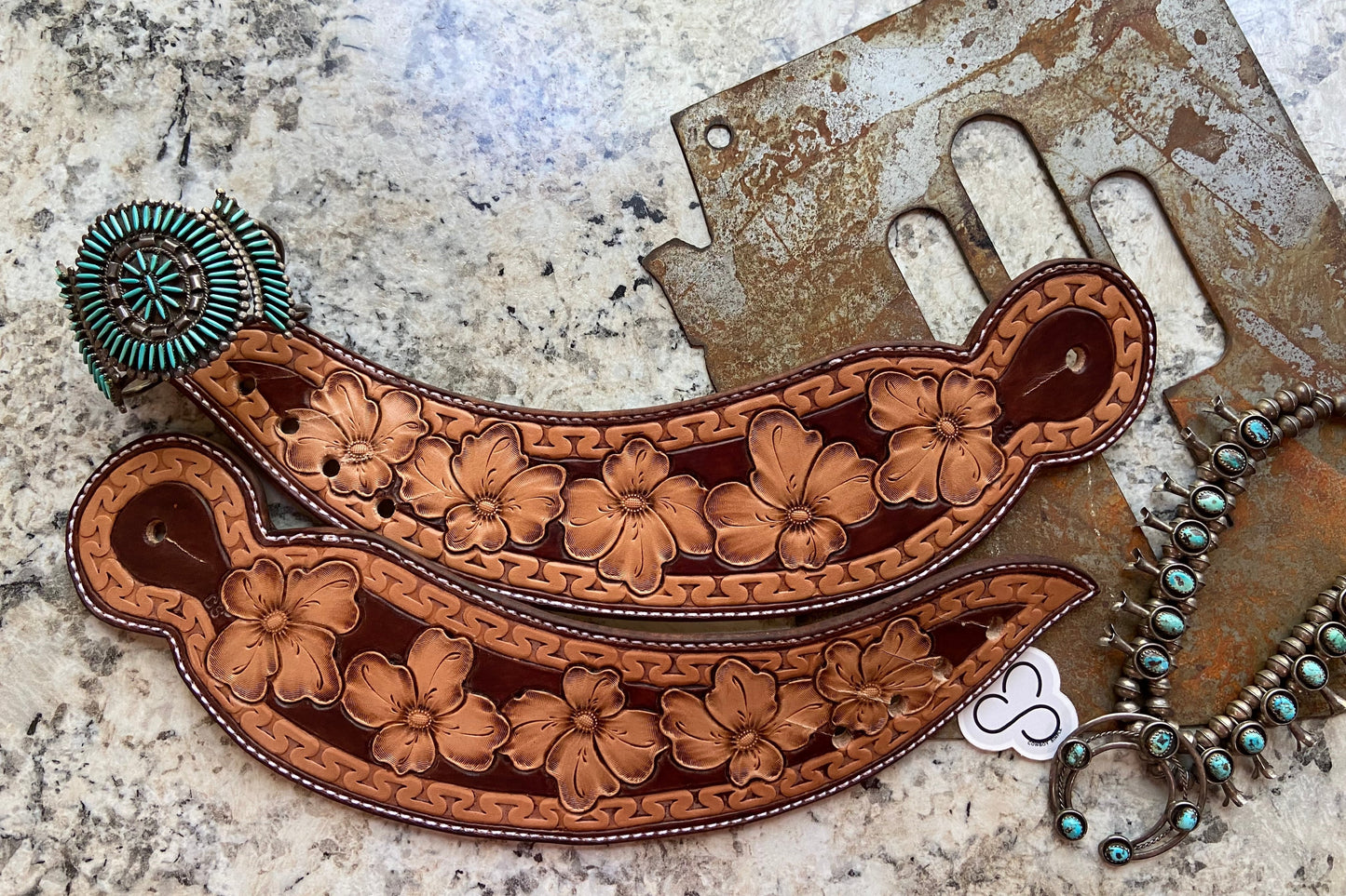 Floral Tooled Dove Wing Spur Straps LRG